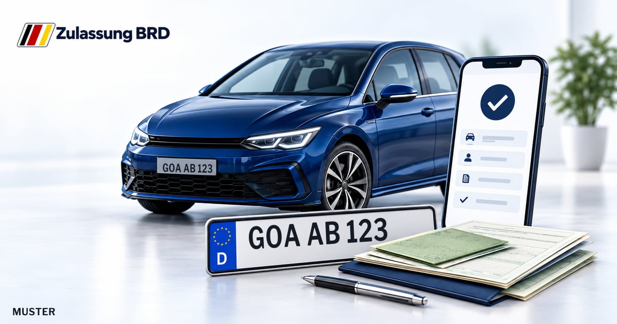 Online Fahrzeugzulassung in Rhein-Hunsrück-Kreis: Musterkennzeichen GOA AB 123, Auto und Fahrzeugpapiere und Smartphone. Illustration mit Logo von Zulassung BRD.